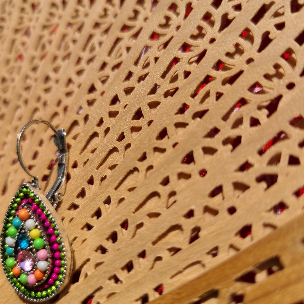 Colorful Beaded Teardrop Earrings RETRO old Jewelry - Picture 5 of 10